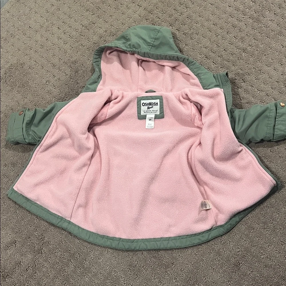 OshKosh B'gosh Green Hooded Winter Jacket with Pink Lining, Winter Coat for Kids